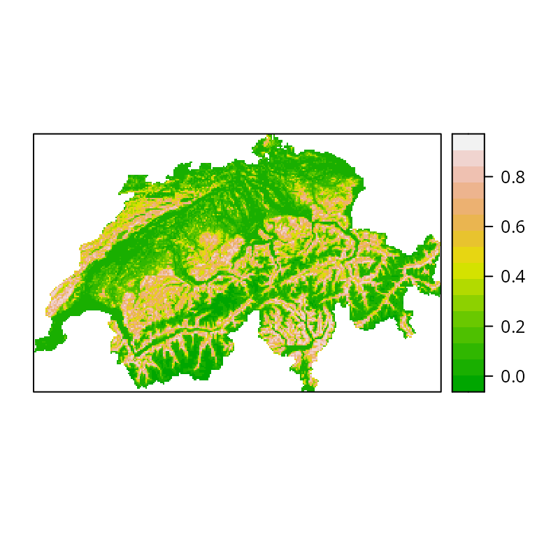 Figure 3. A species distribution map for the European crossbill in Switzerland. The colors represent occurrence probability.